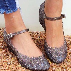 ✨🌈Colourful Glitter on Transparent Black Jelly Wedge (37)